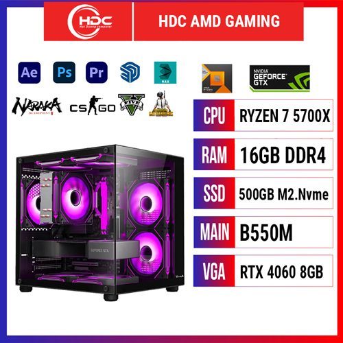 HDC AMD GAMING Ryzen 7 5700X / RAM 16GB / SSD 500GB NVME M.2 / B550M / RTX 4060 8GB